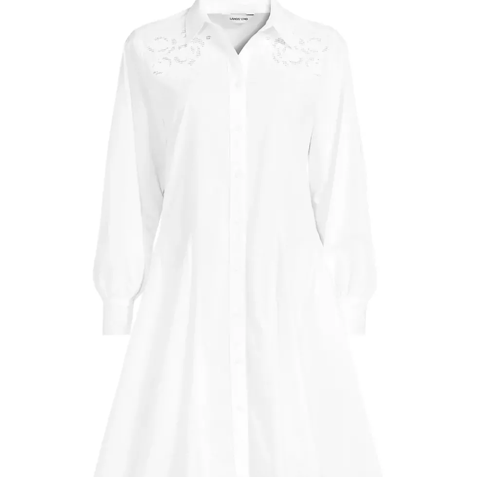 Women's Embroidered Poplin Button Front Dress with Godets