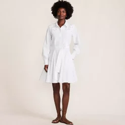 Women's Embroidered Poplin Button Front Dress with Godets