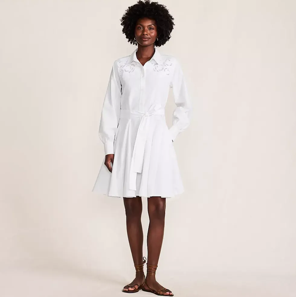 Women's Embroidered Poplin Button Front Dress with Godets