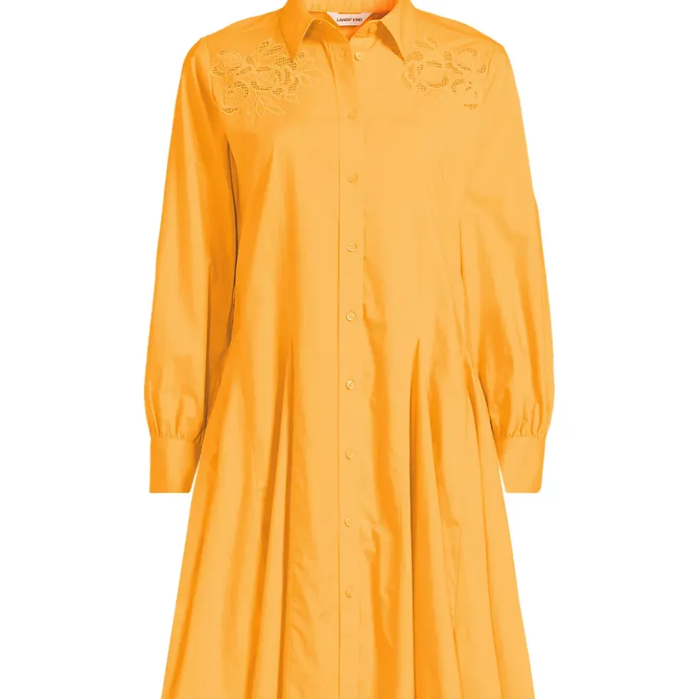 Women's Embroidered Poplin Button Front Dress with Godets