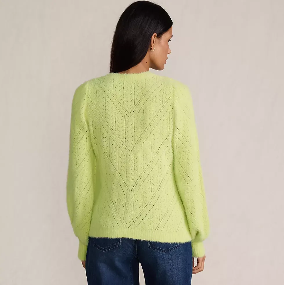 Women's Eyelash Fuzzy Pointelle Puff Sleeve Sweater