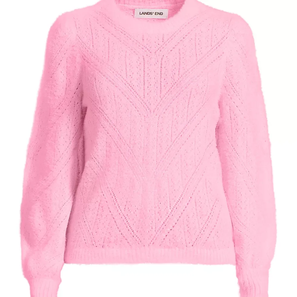 Women's Eyelash Fuzzy Pointelle Puff Sleeve Sweater