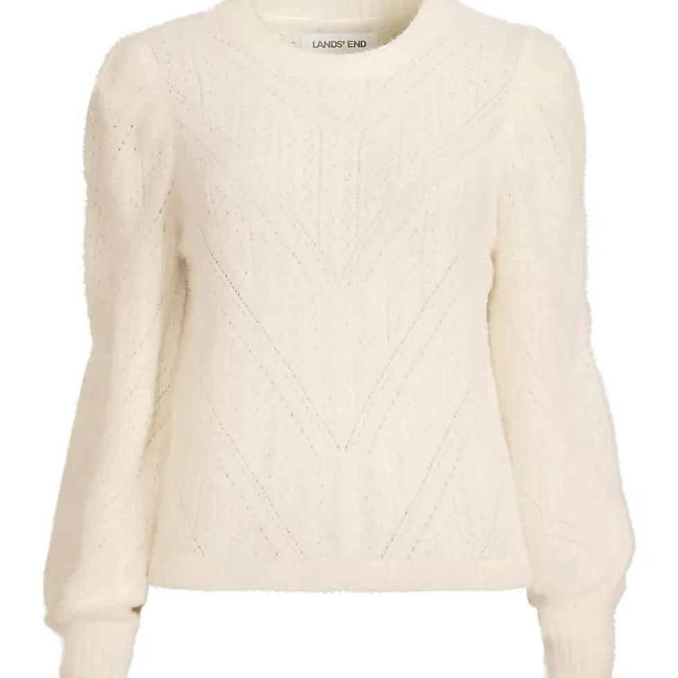 Women's Eyelash Fuzzy Pointelle Puff Sleeve Sweater