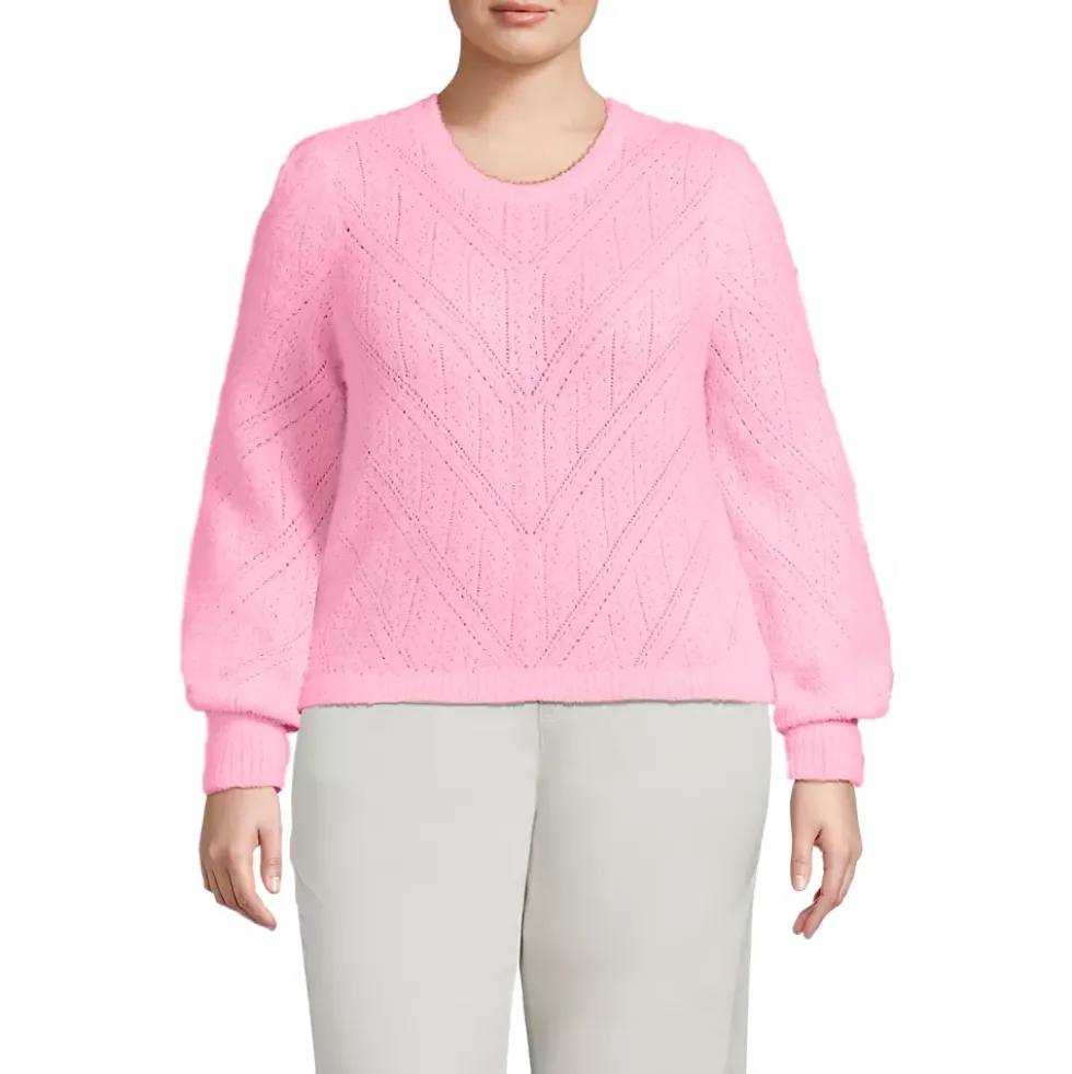 Women's Eyelash Fuzzy Pointelle Puff Sleeve Sweater
