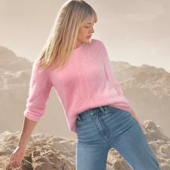 Women's Eyelash Fuzzy Pointelle Puff Sleeve Sweater