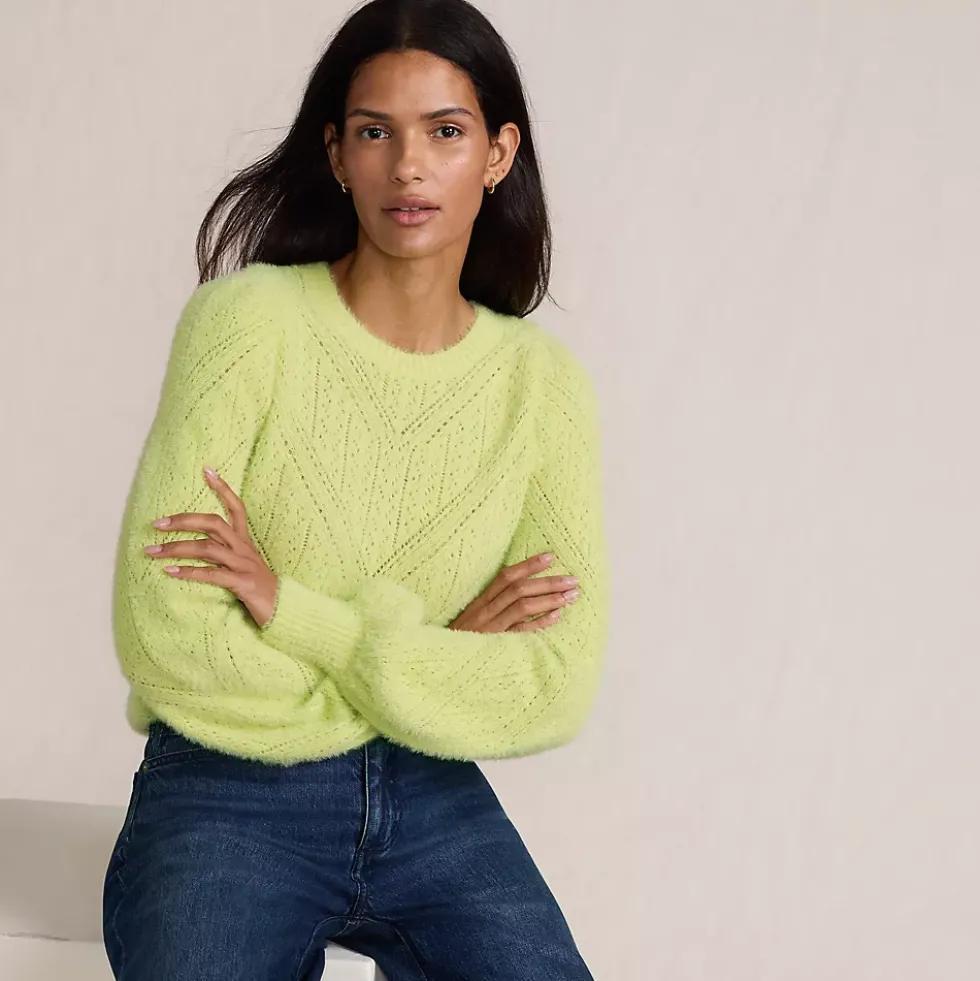 Women's Eyelash Fuzzy Pointelle Puff Sleeve Sweater
