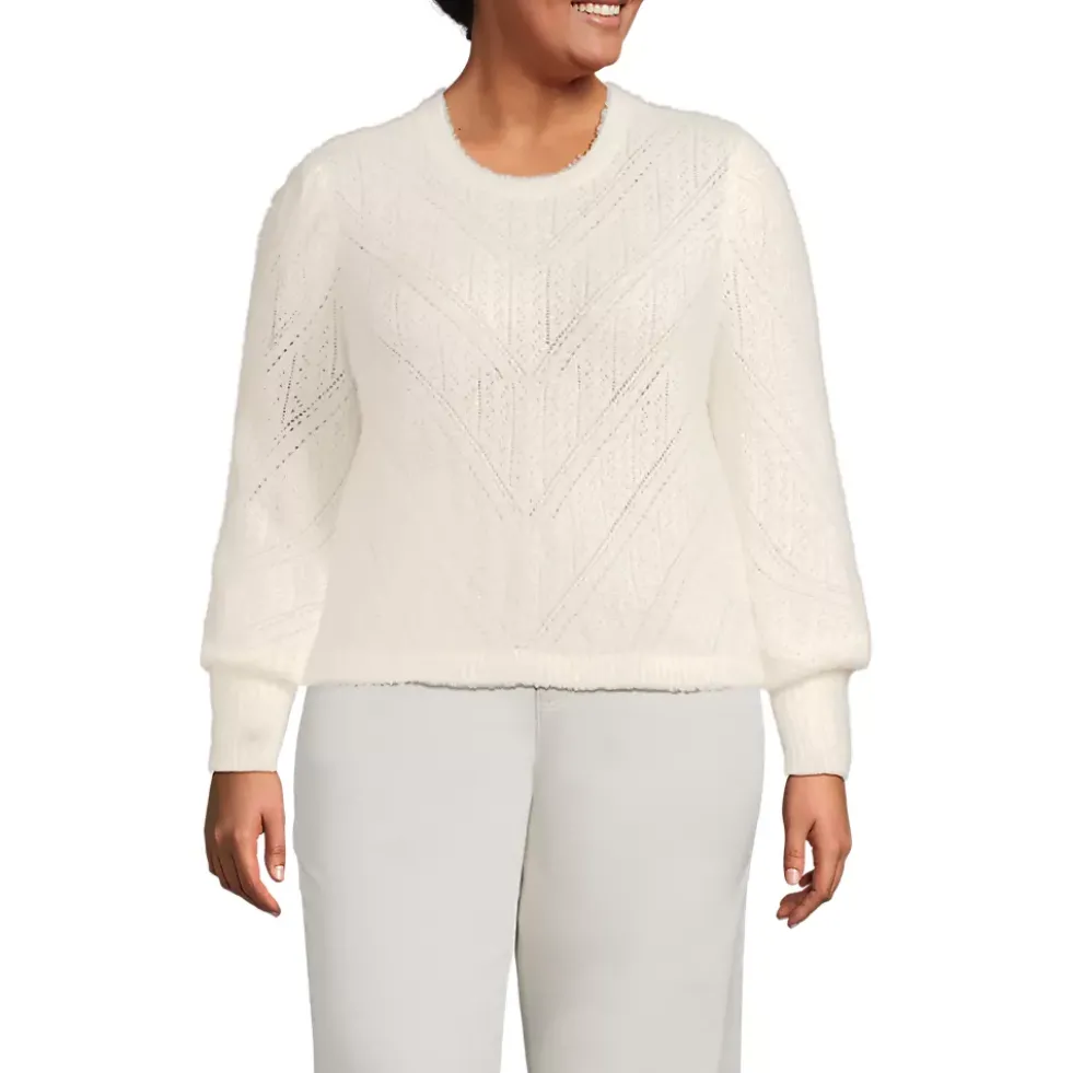 Women's Eyelash Fuzzy Pointelle Puff Sleeve Sweater