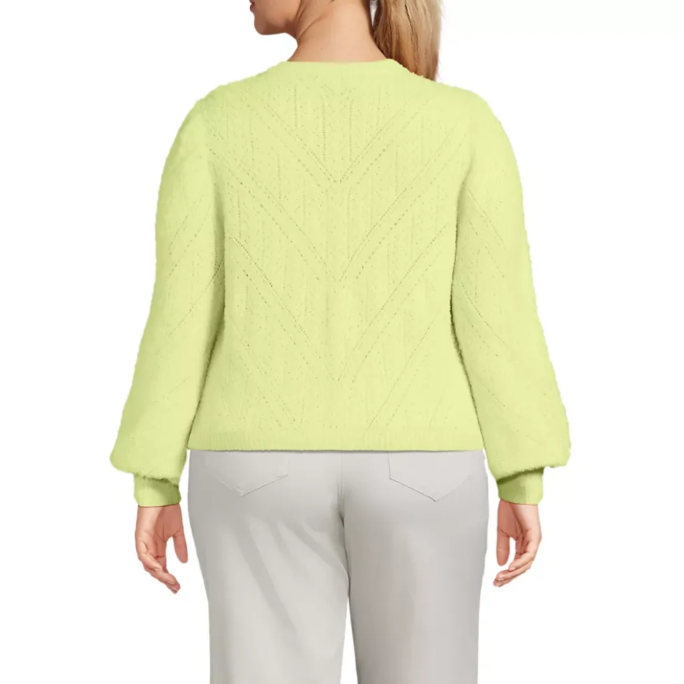 Women's Eyelash Fuzzy Pointelle Puff Sleeve Sweater