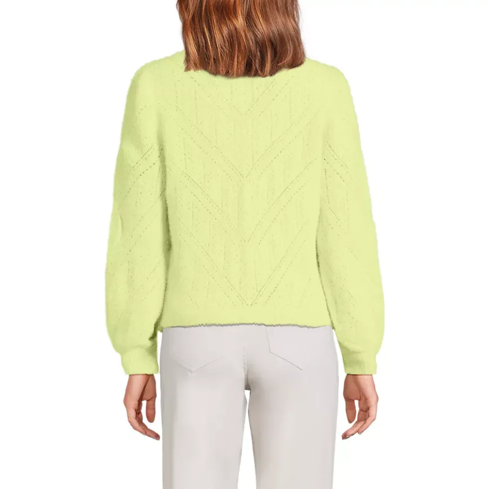 Women's Eyelash Fuzzy Pointelle Puff Sleeve Sweater