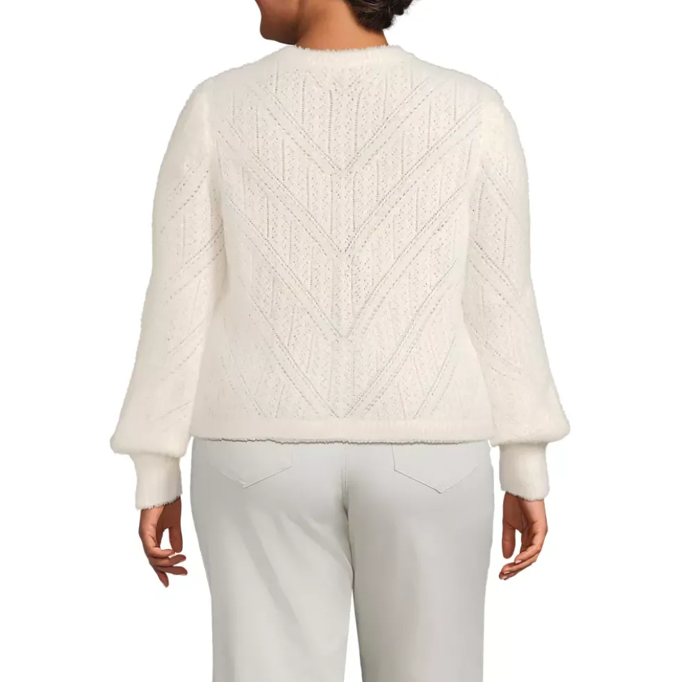 Women's Eyelash Fuzzy Pointelle Puff Sleeve Sweater