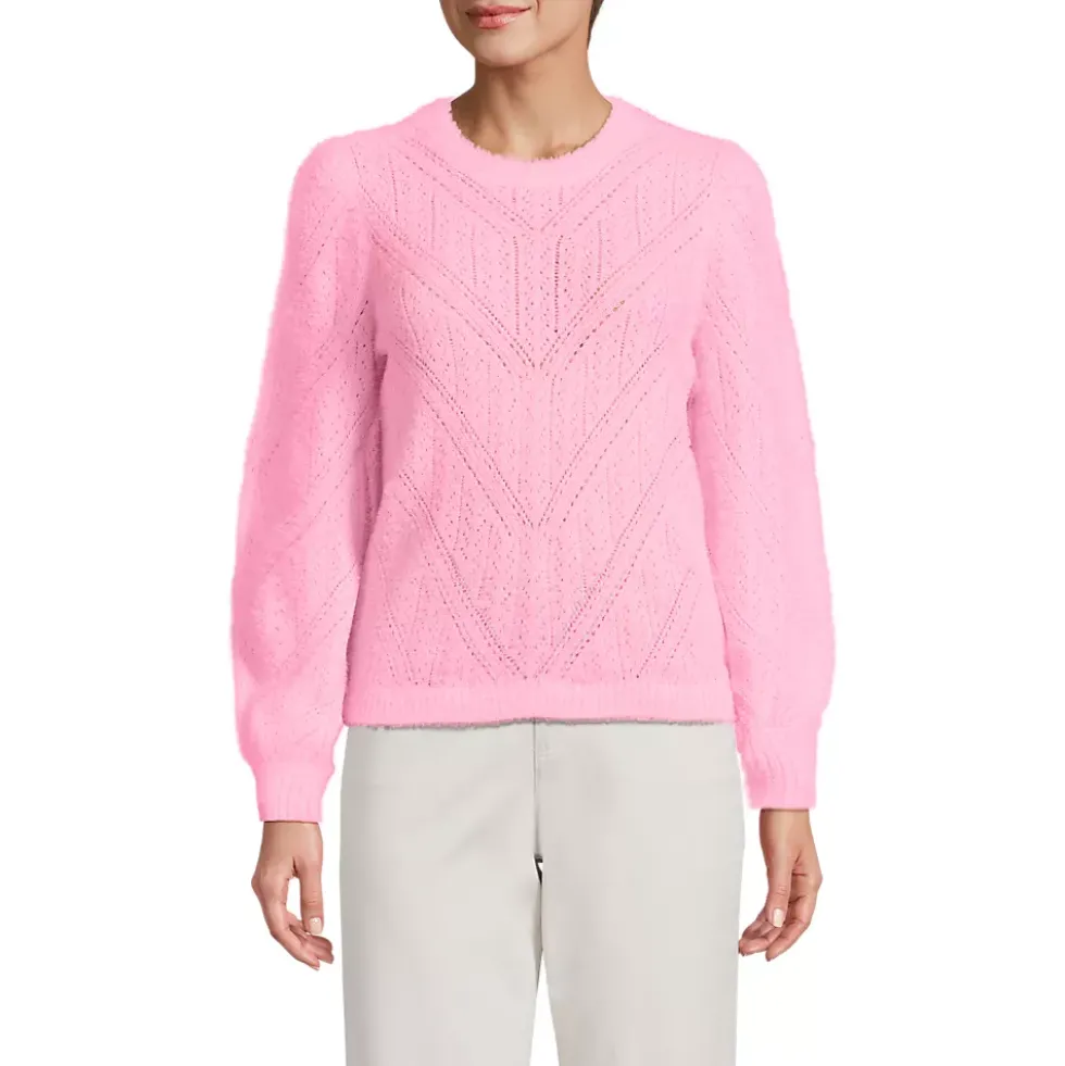 Women's Eyelash Fuzzy Pointelle Puff Sleeve Sweater