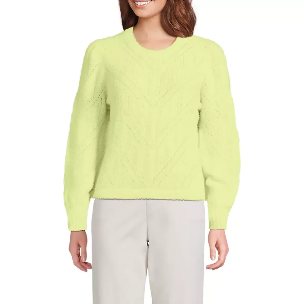 Women's Eyelash Fuzzy Pointelle Puff Sleeve Sweater