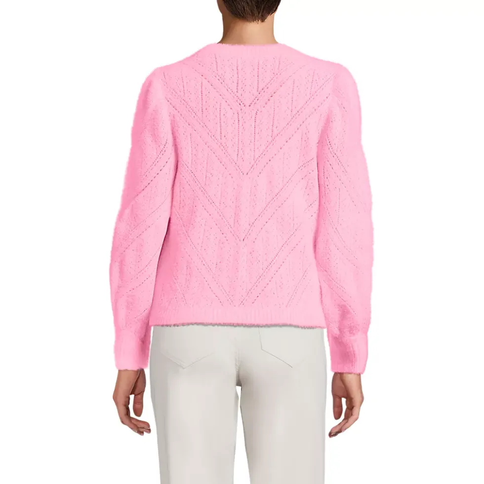 Women's Eyelash Fuzzy Pointelle Puff Sleeve Sweater