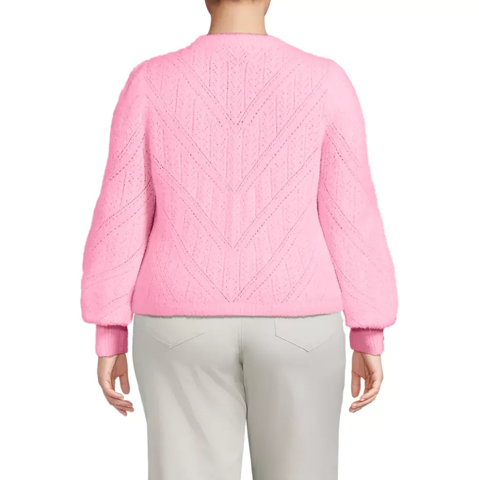 Women's Eyelash Fuzzy Pointelle Puff Sleeve Sweater