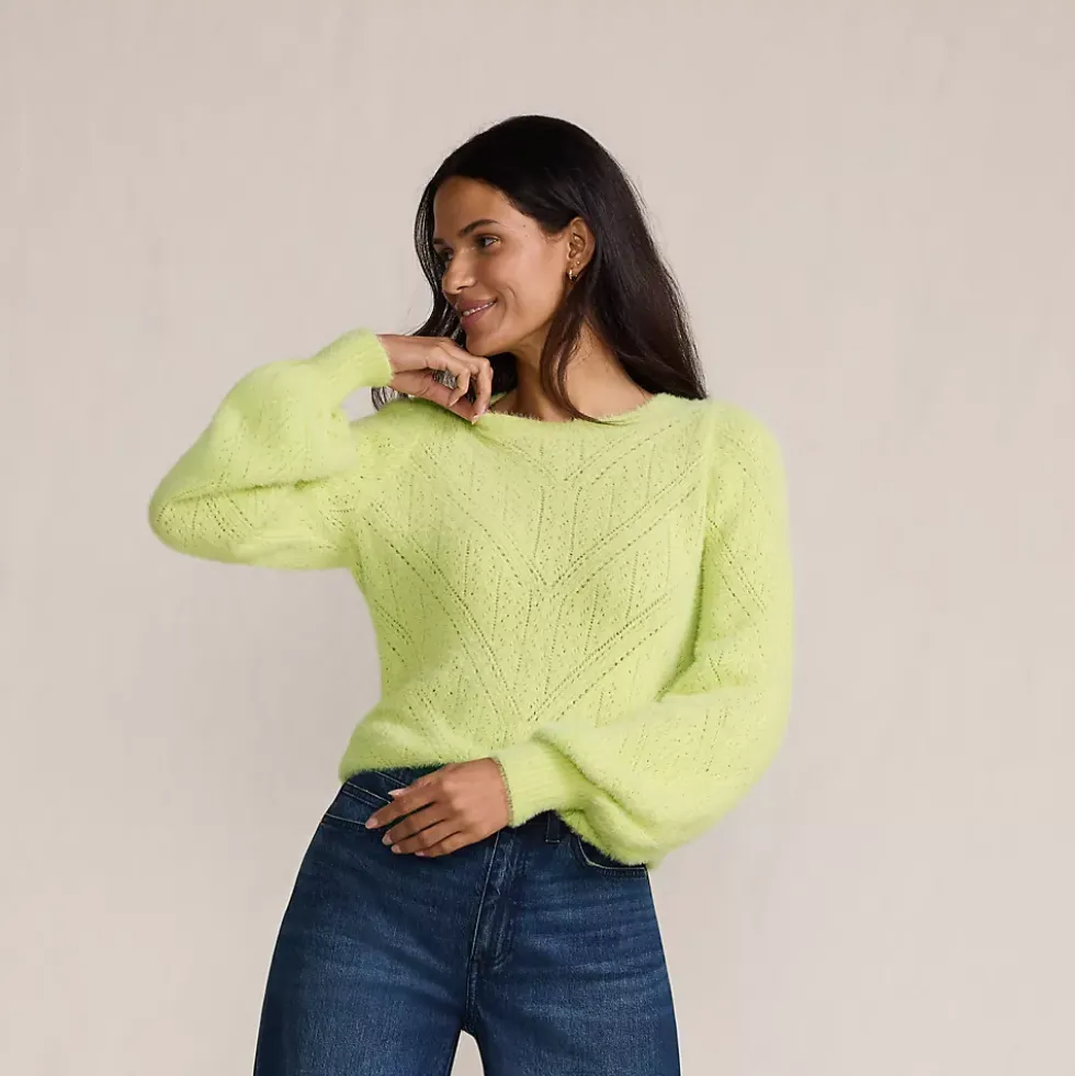 Women's Eyelash Fuzzy Pointelle Puff Sleeve Sweater