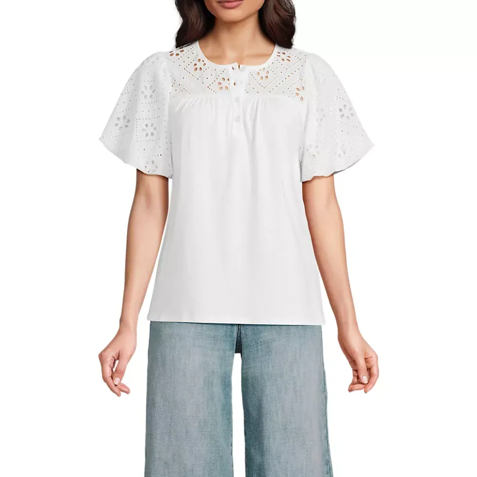Women's Eyelet Crew Puff Sleeve Top
