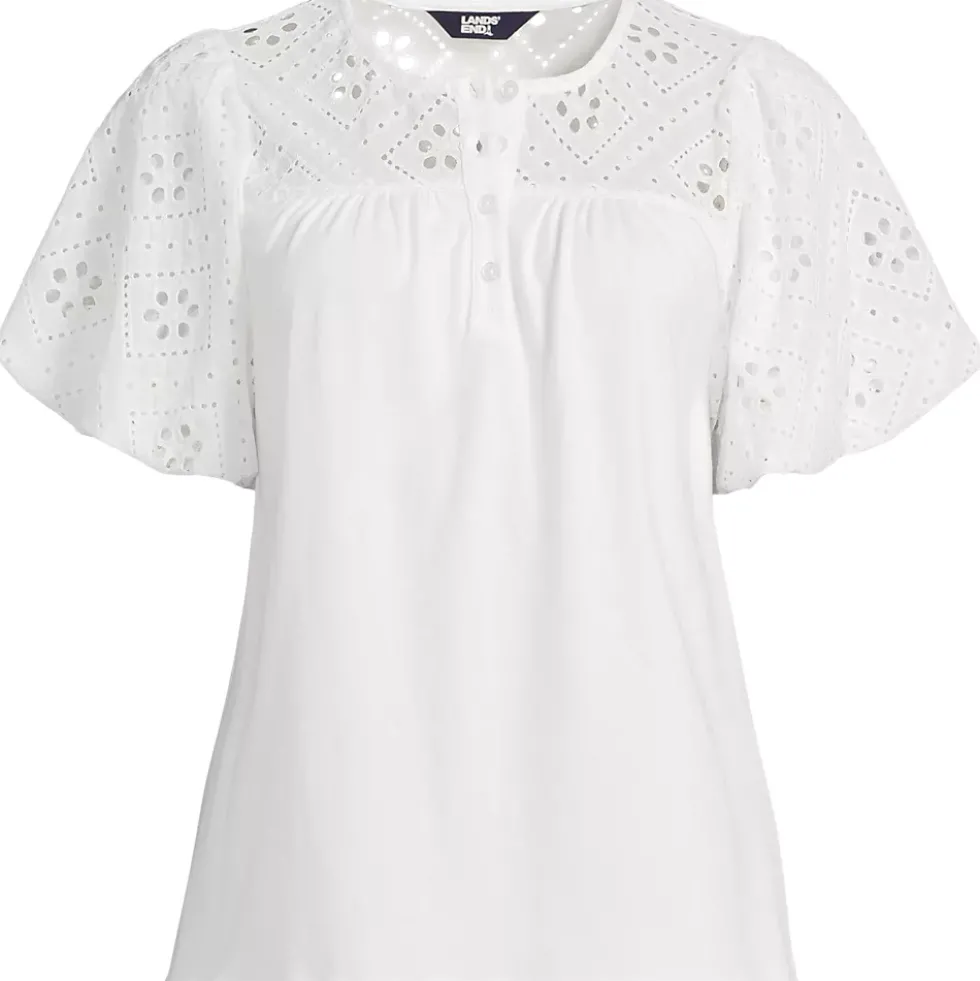 Women's Eyelet Crew Puff Sleeve Top