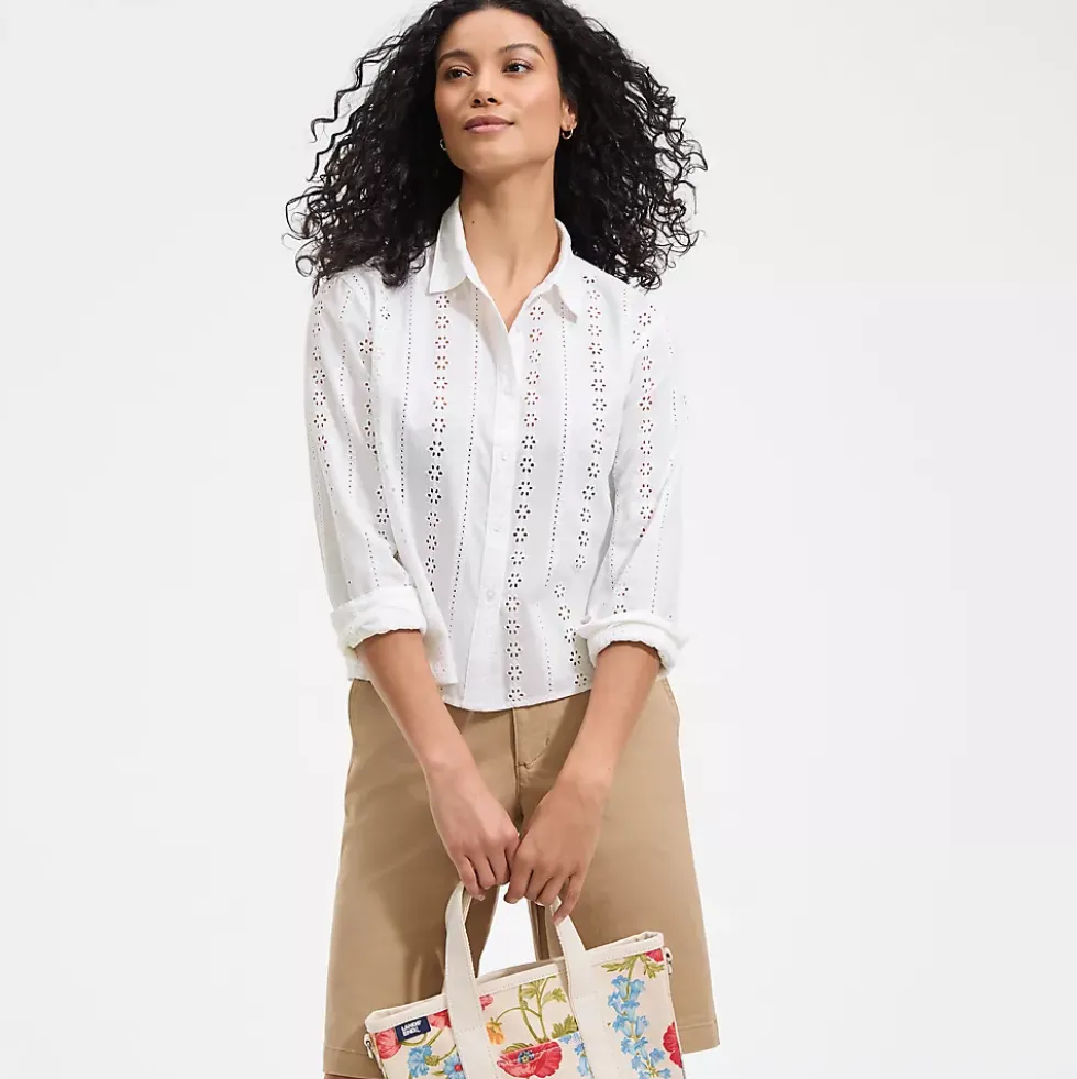 Women's Eyelet Cropped Button Front Shirt