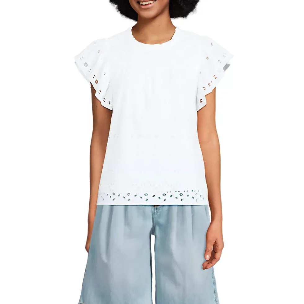 Women's Eyelet Ruffle Sleeve Popover Top
