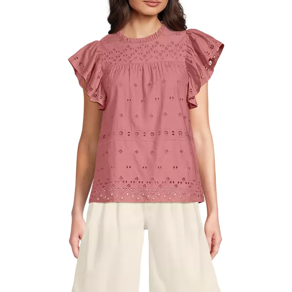 Women's Eyelet Ruffle Sleeve Popover Top