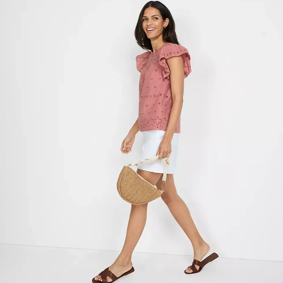 Women's Eyelet Ruffle Sleeve Popover Top