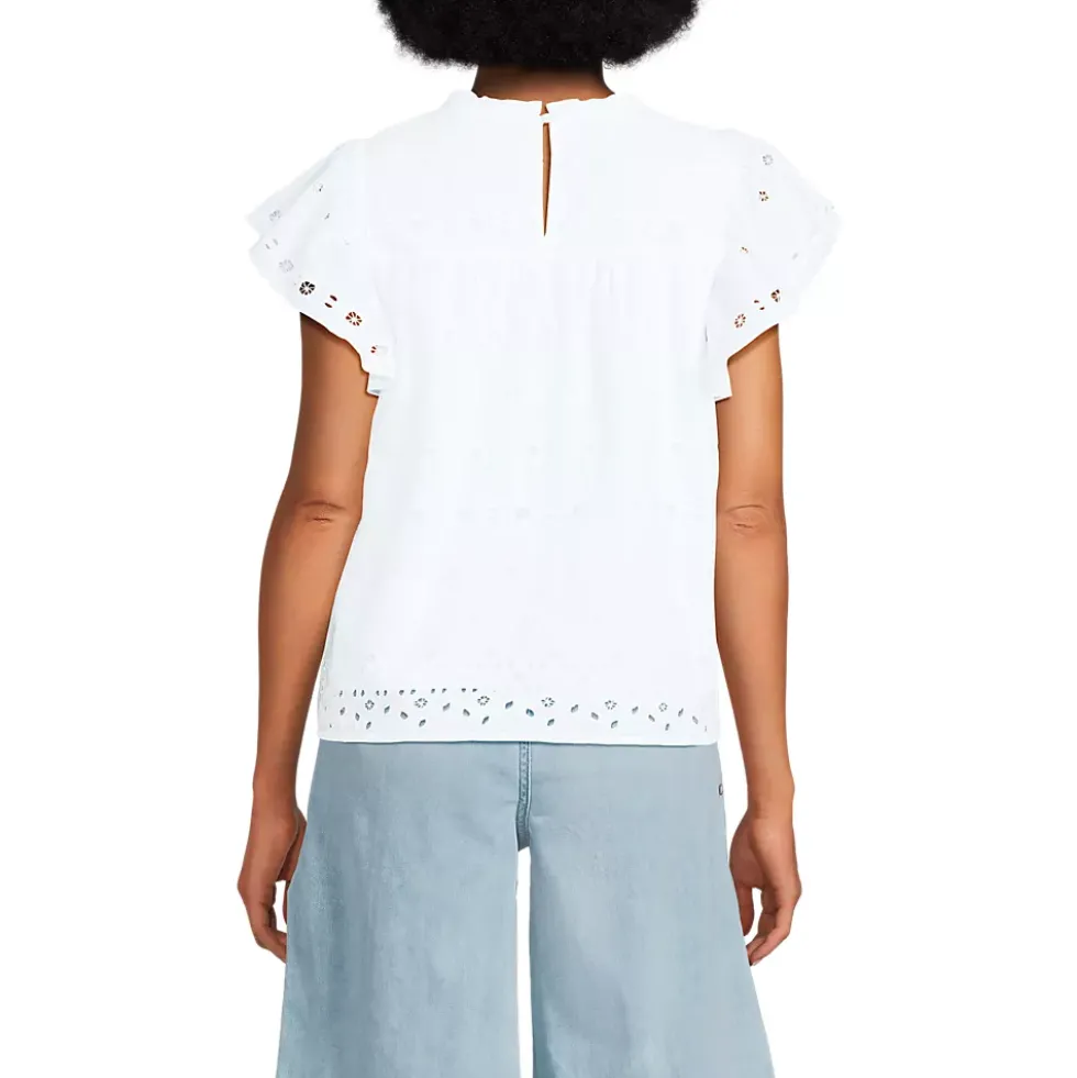 Women's Eyelet Ruffle Sleeve Popover Top