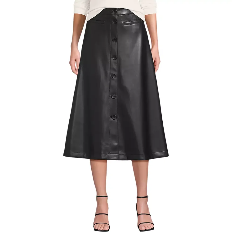 Women's Faux Leather Button Front Midi Skirt