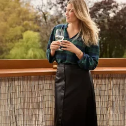 Women's Faux Leather Button Front Midi Skirt