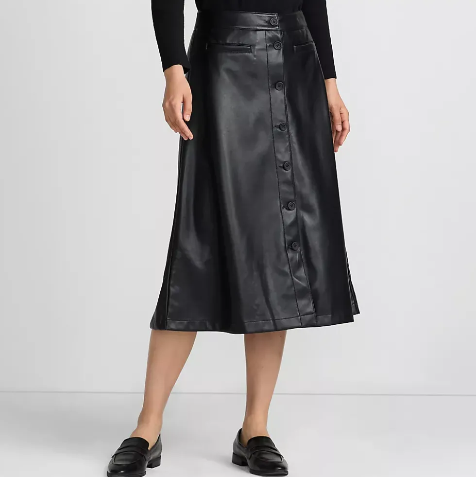 Women's Faux Leather Button Front Midi Skirt