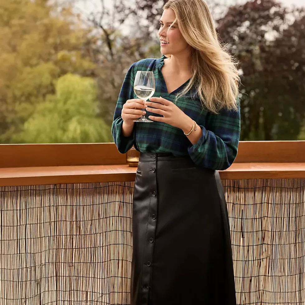 Women's Faux Leather Button Front Midi Skirt