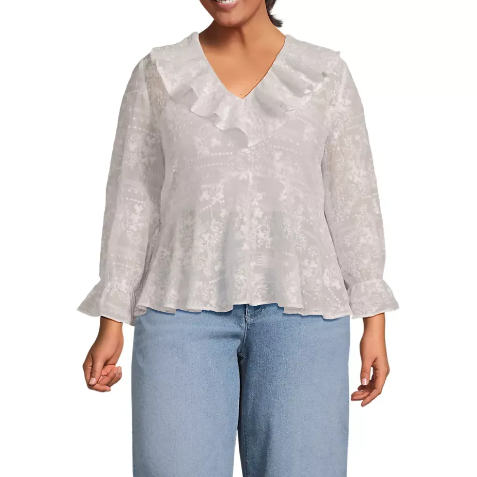 Women's Feminine Ruffle Chiffon V Neck Blouse