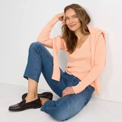 Women's Fine Gauge Cotton Baby Cable Vneck Sweater