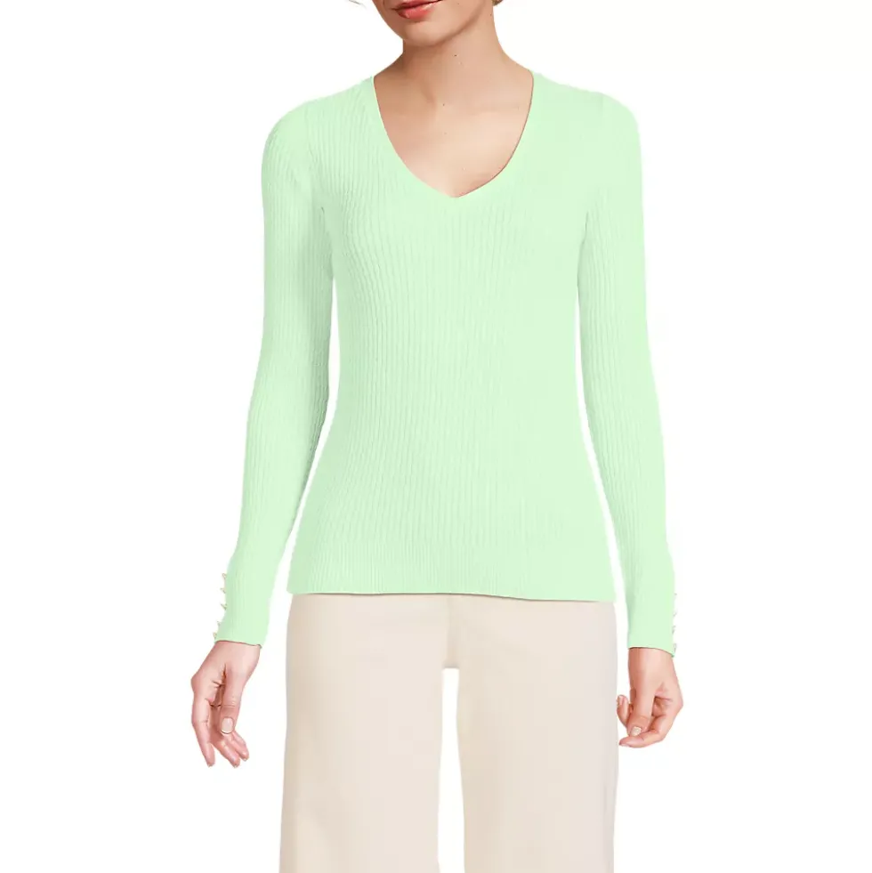 Women's Fine Gauge Cotton Baby Cable Vneck Sweater