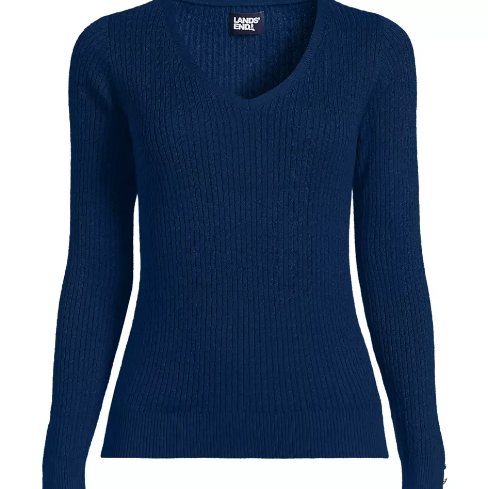 Women's Fine Gauge Cotton Baby Cable Vneck Sweater