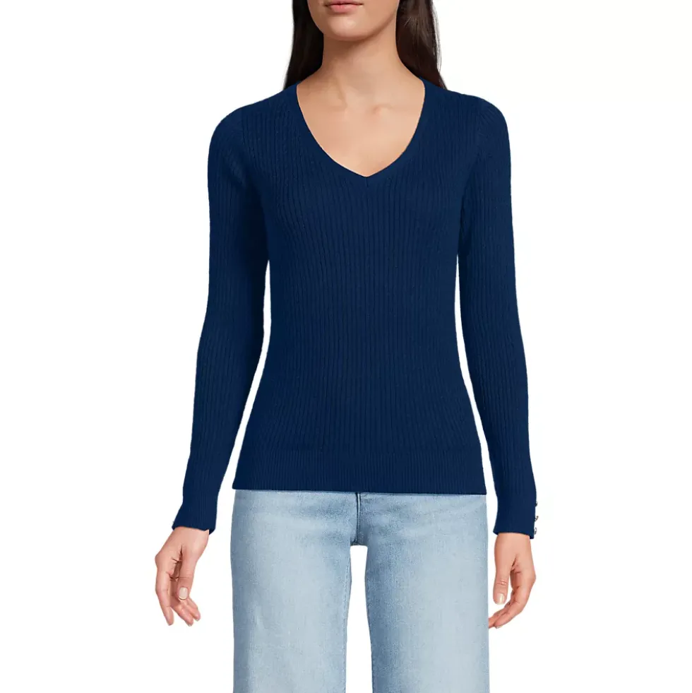 Women's Fine Gauge Cotton Baby Cable Vneck Sweater