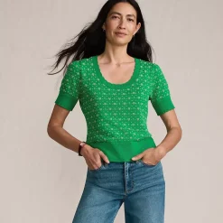 Women's Fine Gauge Cotton Jacquard Scoop Neck Sweater