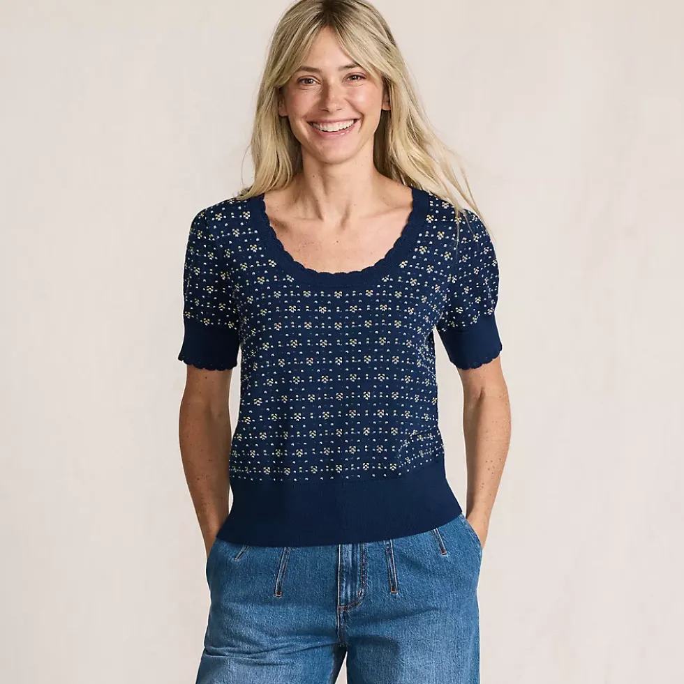 Women's Fine Gauge Cotton Jacquard Scoop Neck Sweater