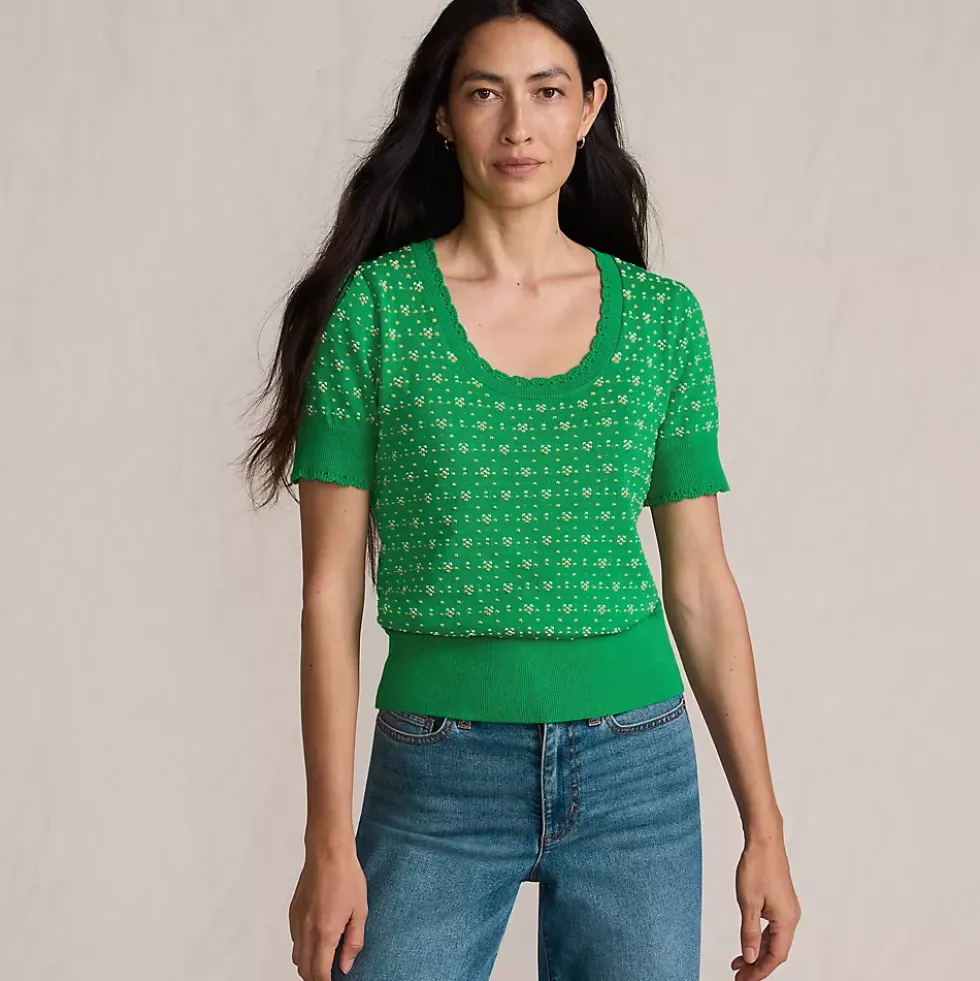 Women's Fine Gauge Cotton Jacquard Scoop Neck Sweater