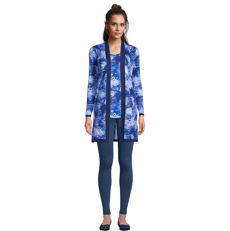 Women's Fine Gauge Cotton Long Open Cardigan Sweater - Print