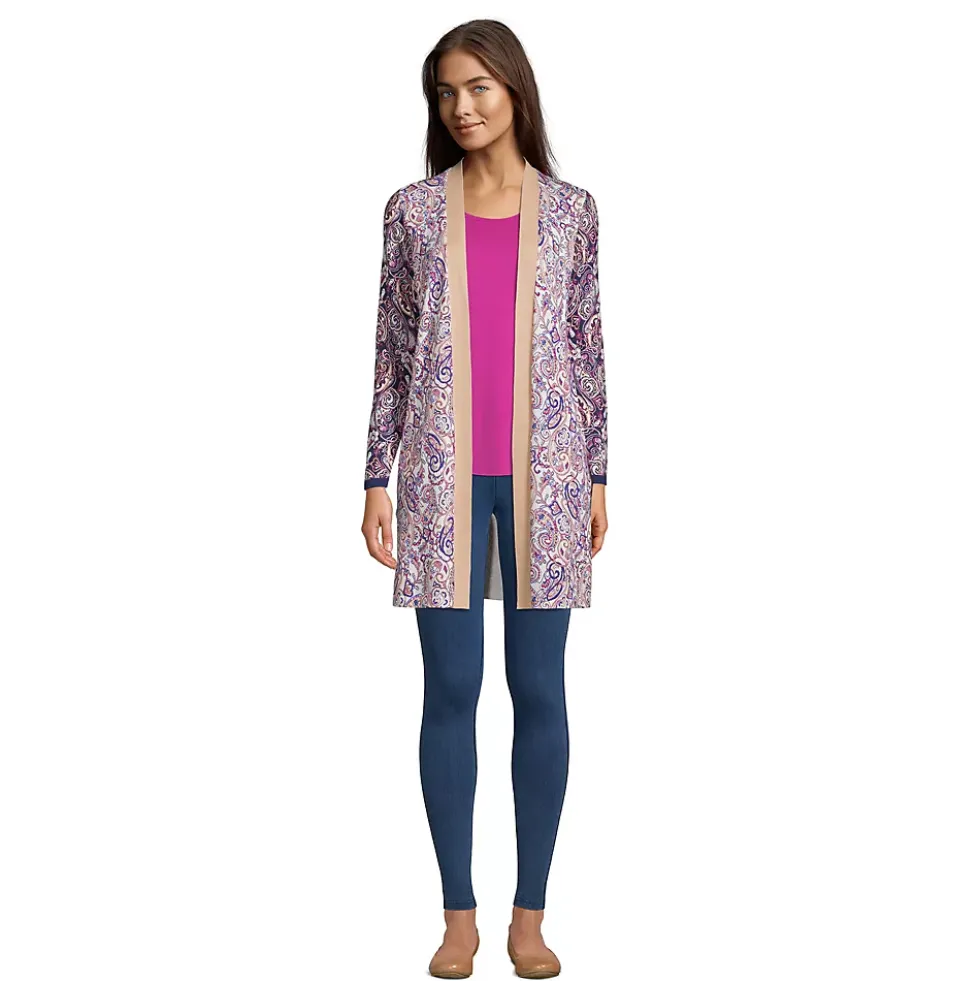 Women's Fine Gauge Cotton Long Open Cardigan Sweater - Print