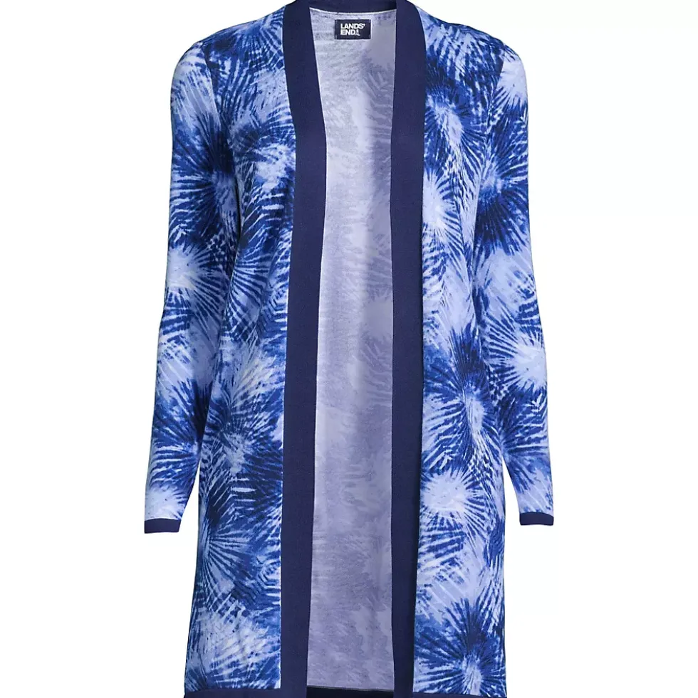 Women's Fine Gauge Cotton Long Open Cardigan Sweater - Print