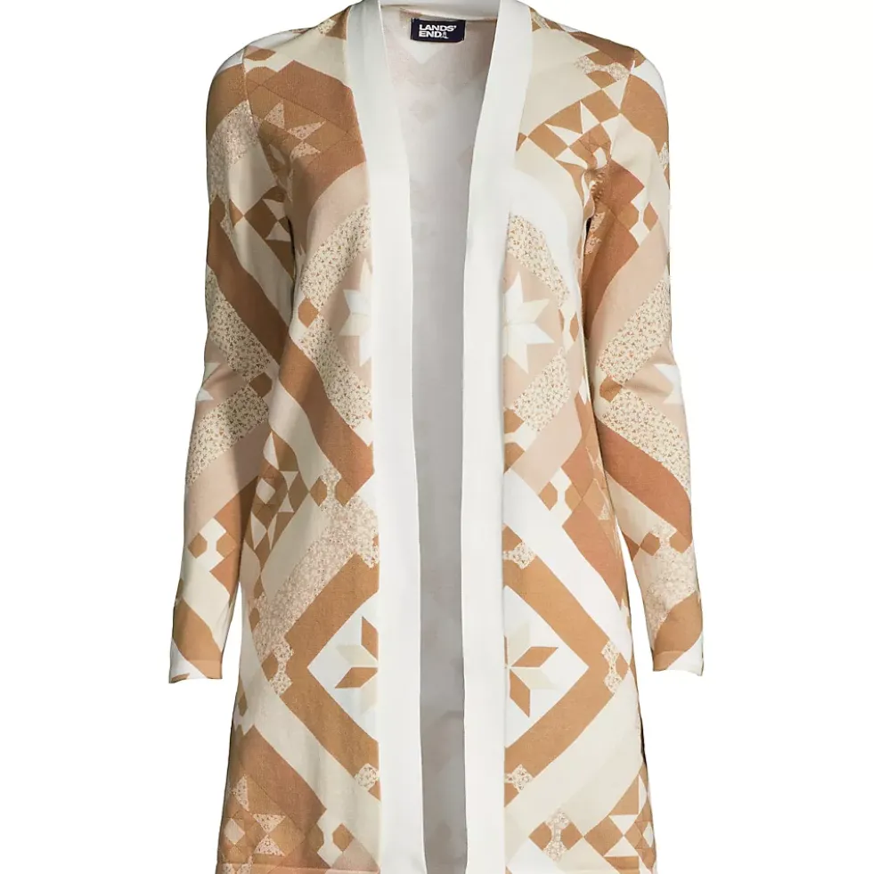Women's Fine Gauge Cotton Long Open Cardigan Sweater - Print