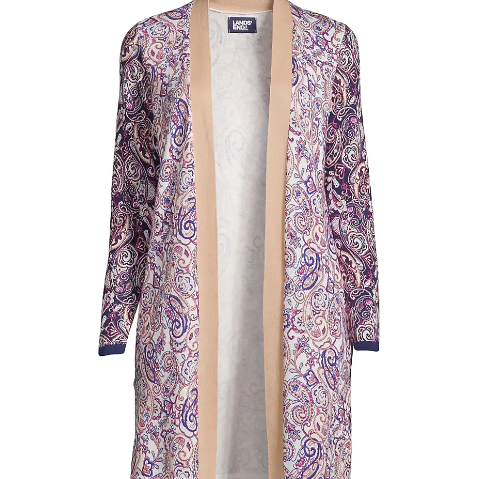 Women's Fine Gauge Cotton Long Open Cardigan Sweater - Print