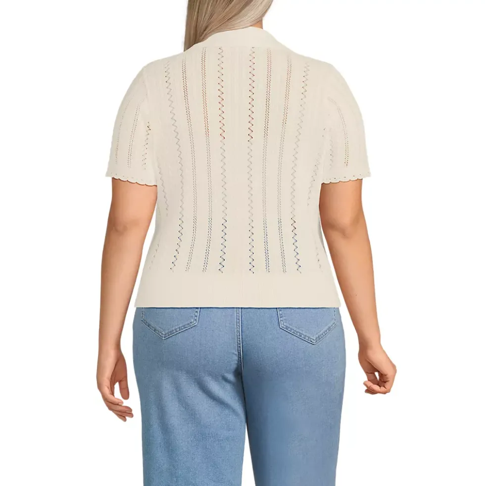 Women's Fine Gauge Cotton Pointelle Polo Sweater