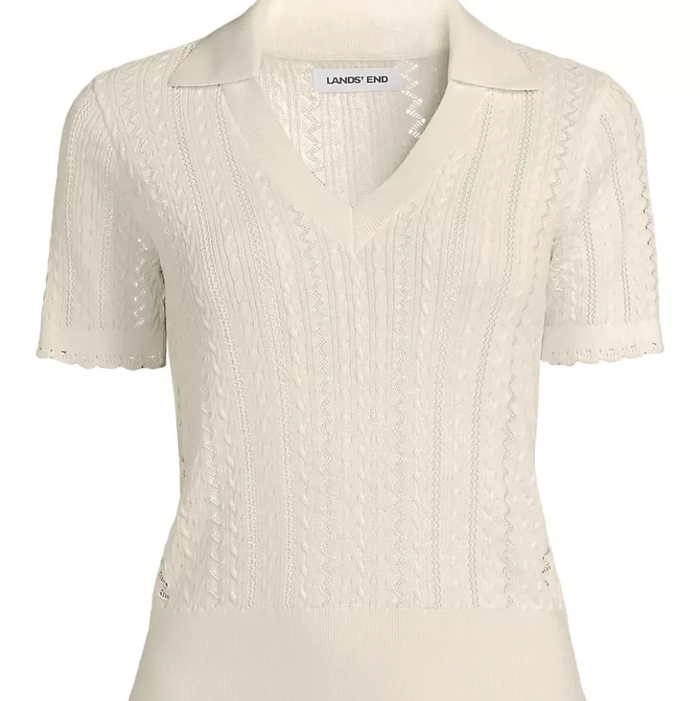 Women's Fine Gauge Cotton Pointelle Polo Sweater