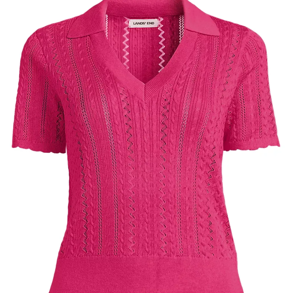 Women's Fine Gauge Cotton Pointelle Polo Sweater
