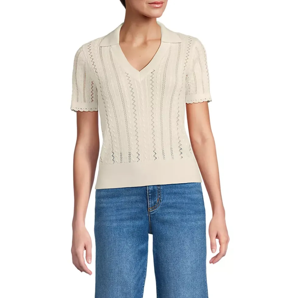 Women's Fine Gauge Cotton Pointelle Polo Sweater