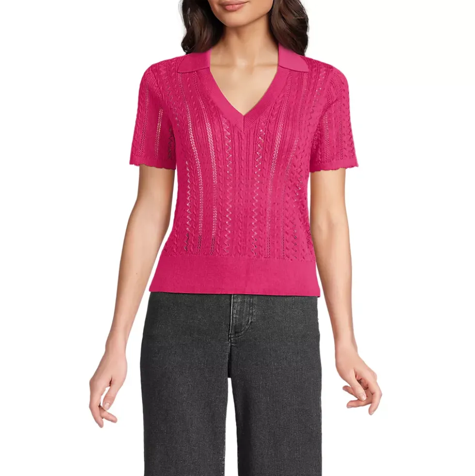 Women's Fine Gauge Cotton Pointelle Polo Sweater