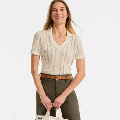 Women's Fine Gauge Cotton Pointelle Polo Sweater
