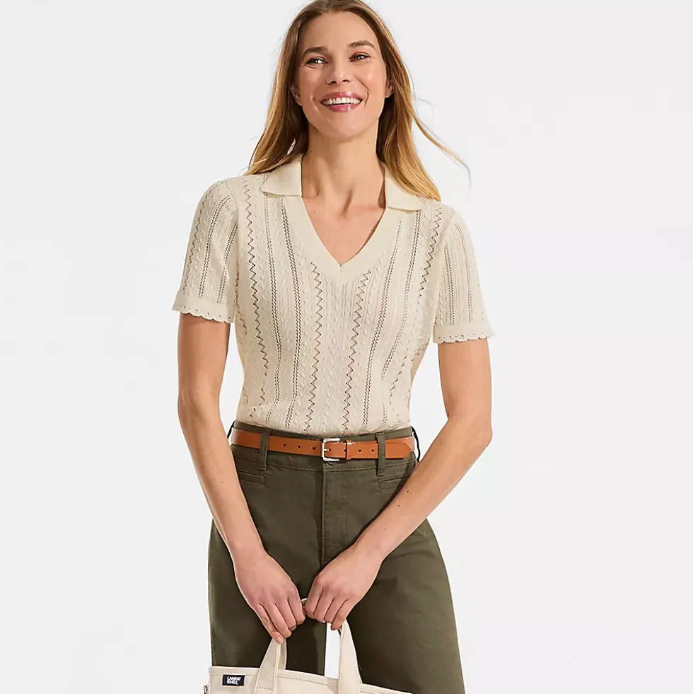 Women's Fine Gauge Cotton Pointelle Polo Sweater
